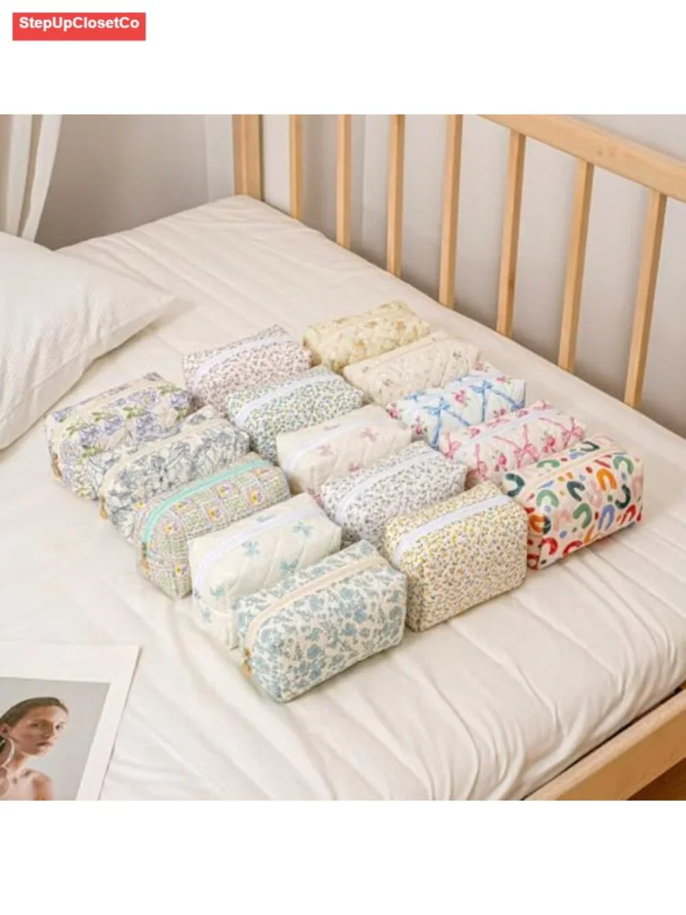 Quilted Cotton Floral Cosmetic Bag Small Travel Toiletry Pouch